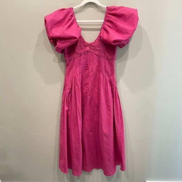 NWT Frame Puff Sleeve Cotton Midi Dress Fuchsia Pink - Size: Small - Picture 4 of 16